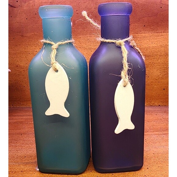 Set of Blue decorative Glass bottles with fish ocean decor - Picture 1 of 3